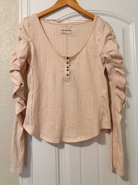 Free People We The Free Ribbed Henley Top Blush Pink Ruched Sleeve Size L